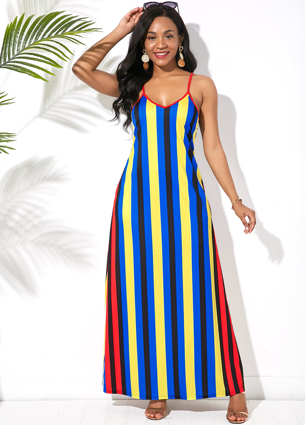 Spaghetti Strap Side Pocket Multi Stripe Maxi Dress | Rosewe.com - USD ...