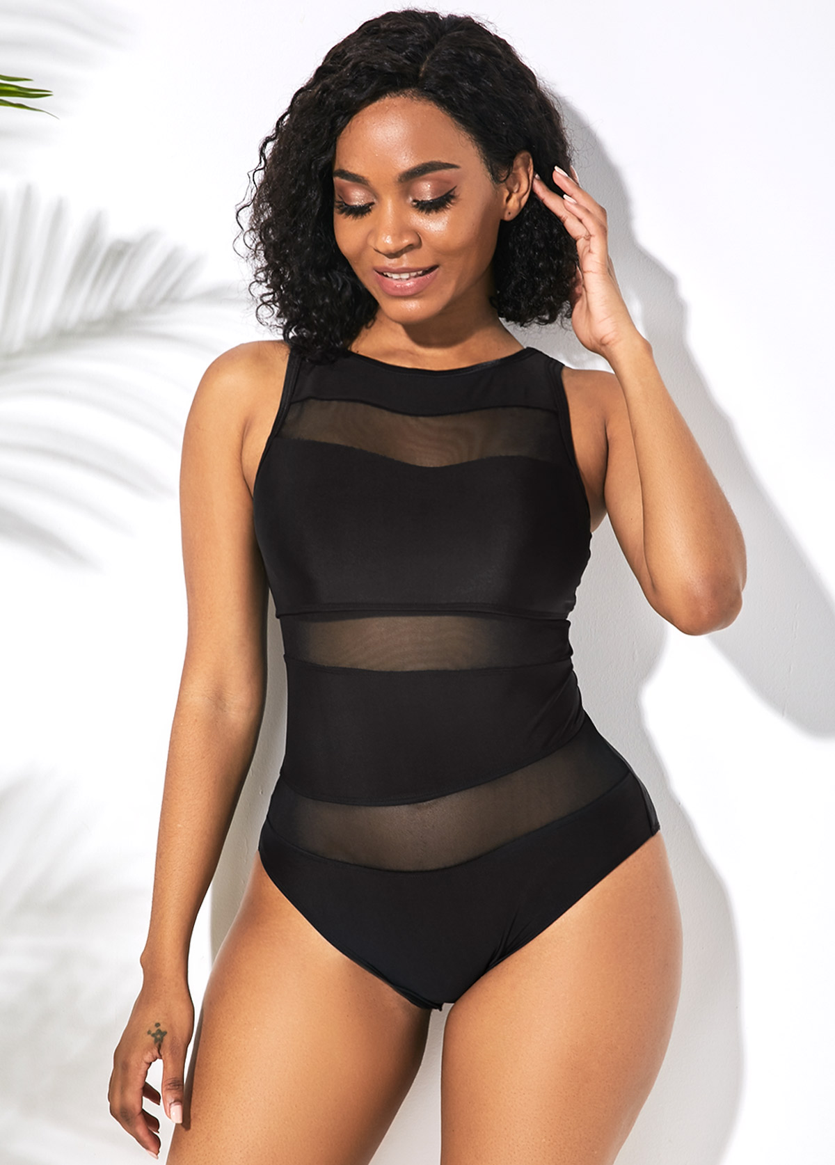scoop back mesh panel black one piece swimwear
