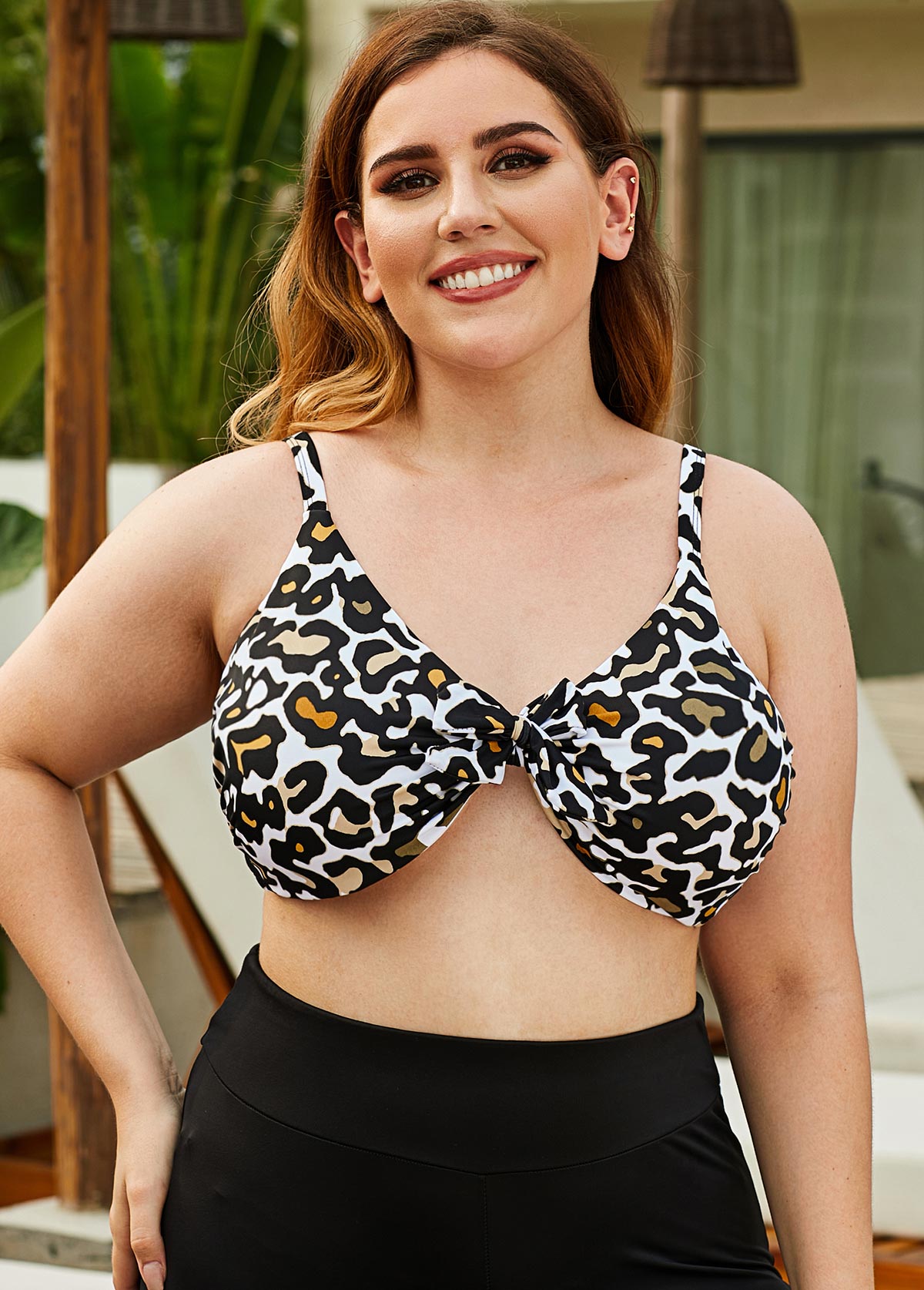 Leopard Print Spaghetti Strap Plus Size Bikini Top