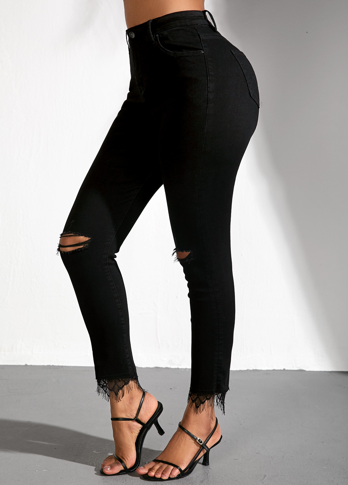 Lace Panel Black High Waist Shredded Jeans | Rosewe.com - USD $31.98