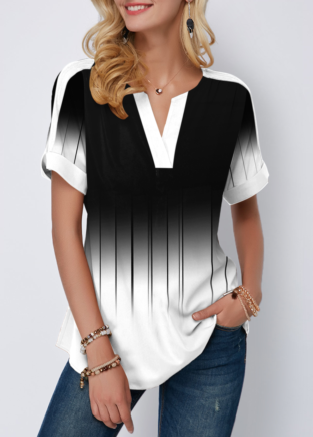 Printed Color Block Short Sleeve Blouse