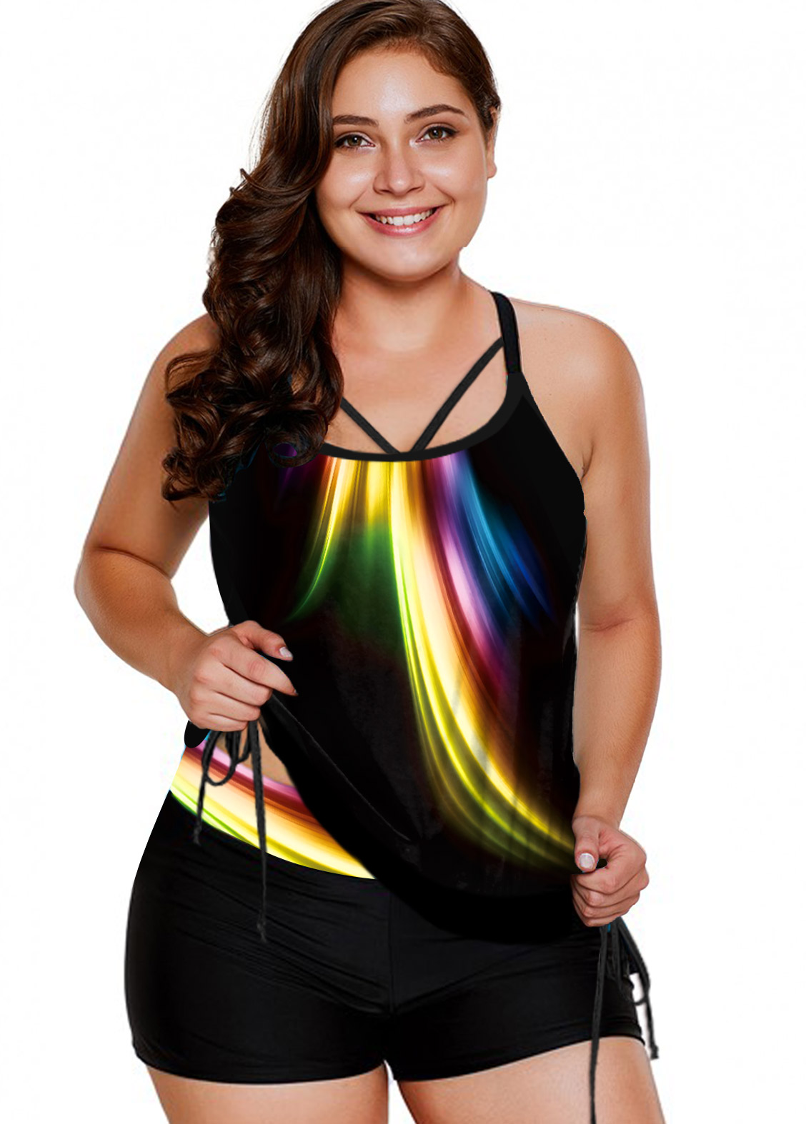 Printed Drawstring Waist Plus Size Tankini Set