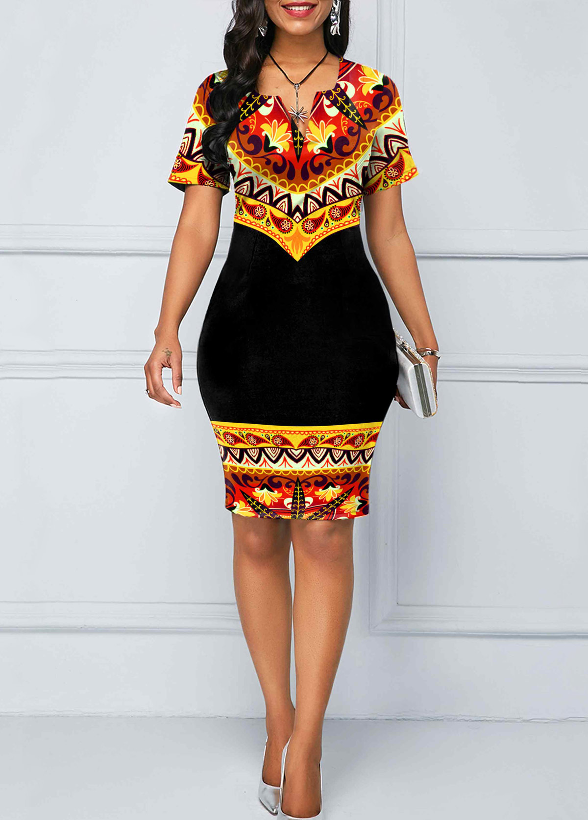Split Neck Short Sleeve Tribal Print Dress