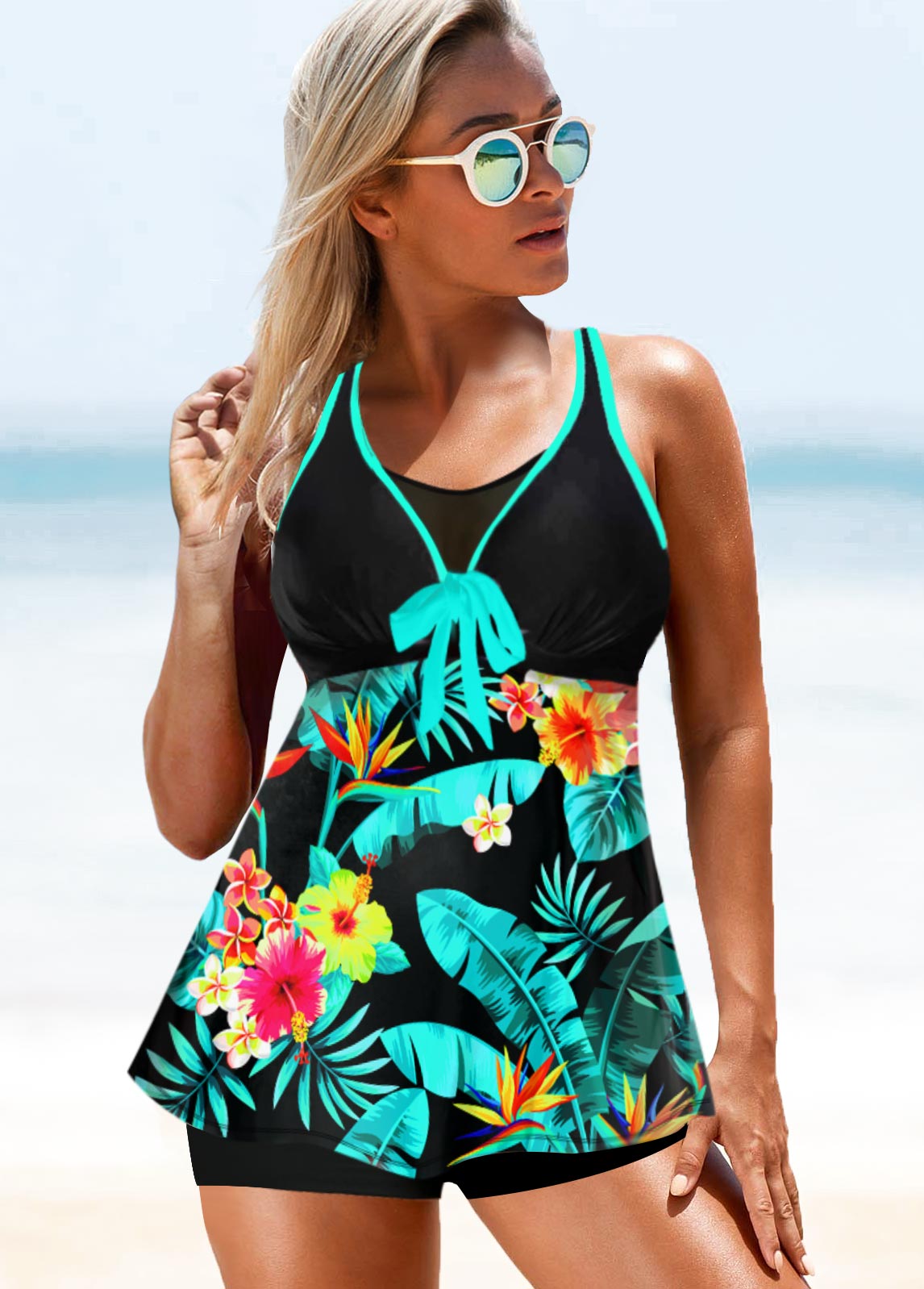 Bowknot Tropical Print Double Strap Tankini Top-No Bottom