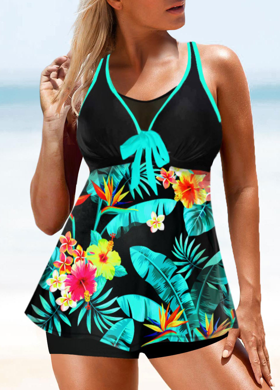 Bowknot Tropical Print Double Strap Tankini Top-No Bottom