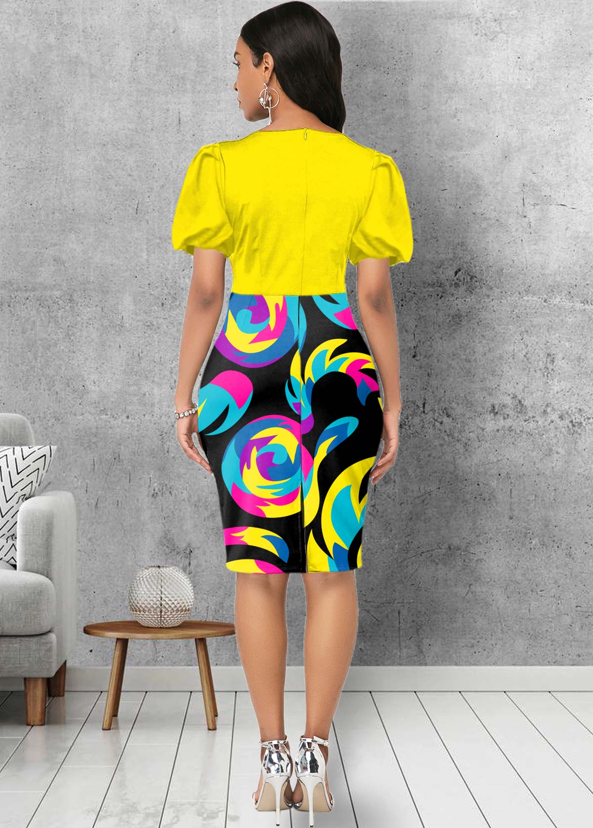Round Neck Puff Sleeve Geometric Print Dress
