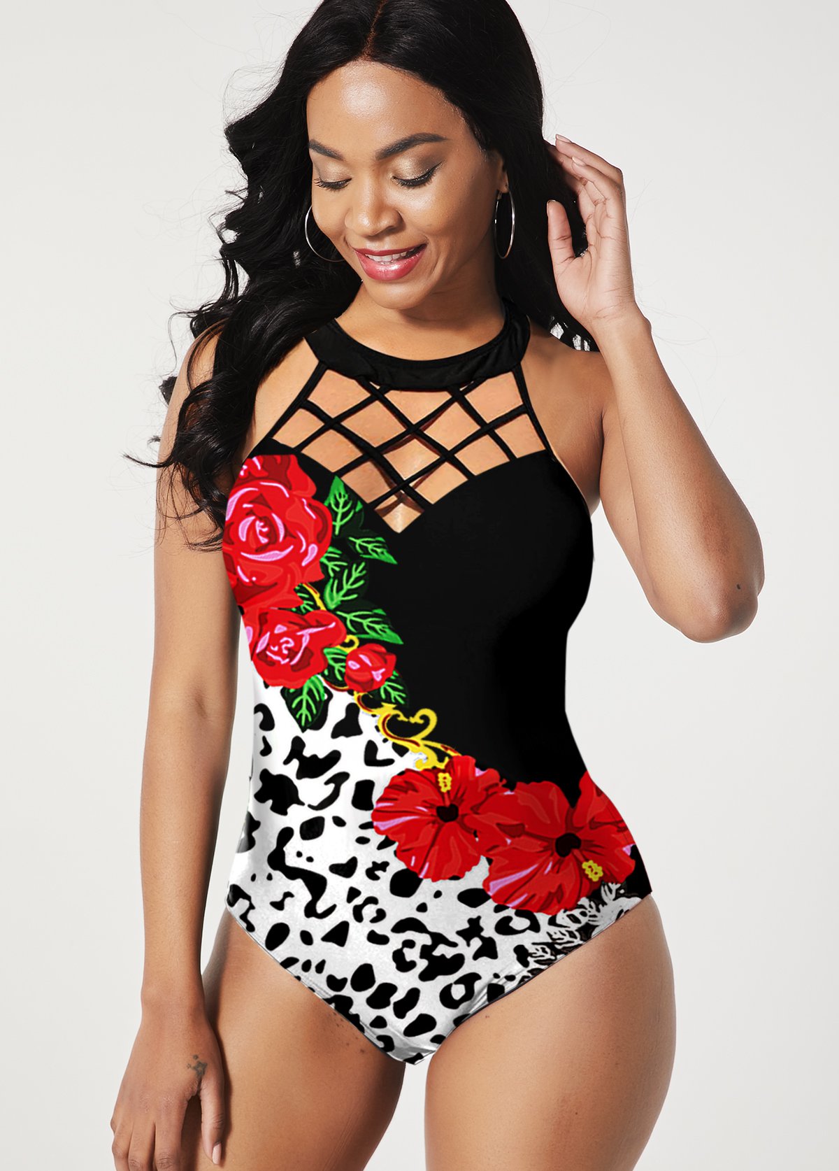 Leopard and Floral Print One Piece Swimwear