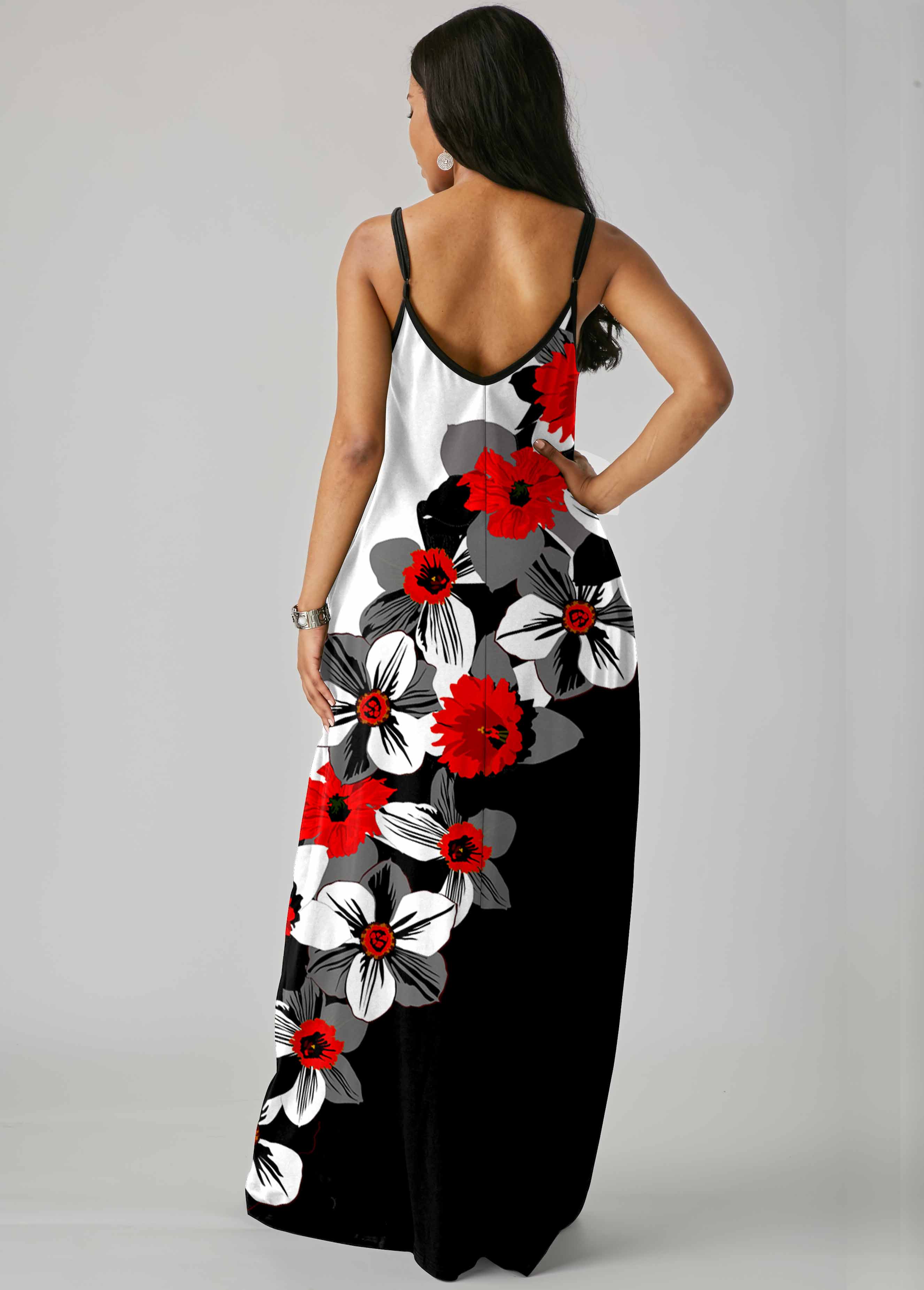 Floral Print Side Pocket Color Block Maxi Dress