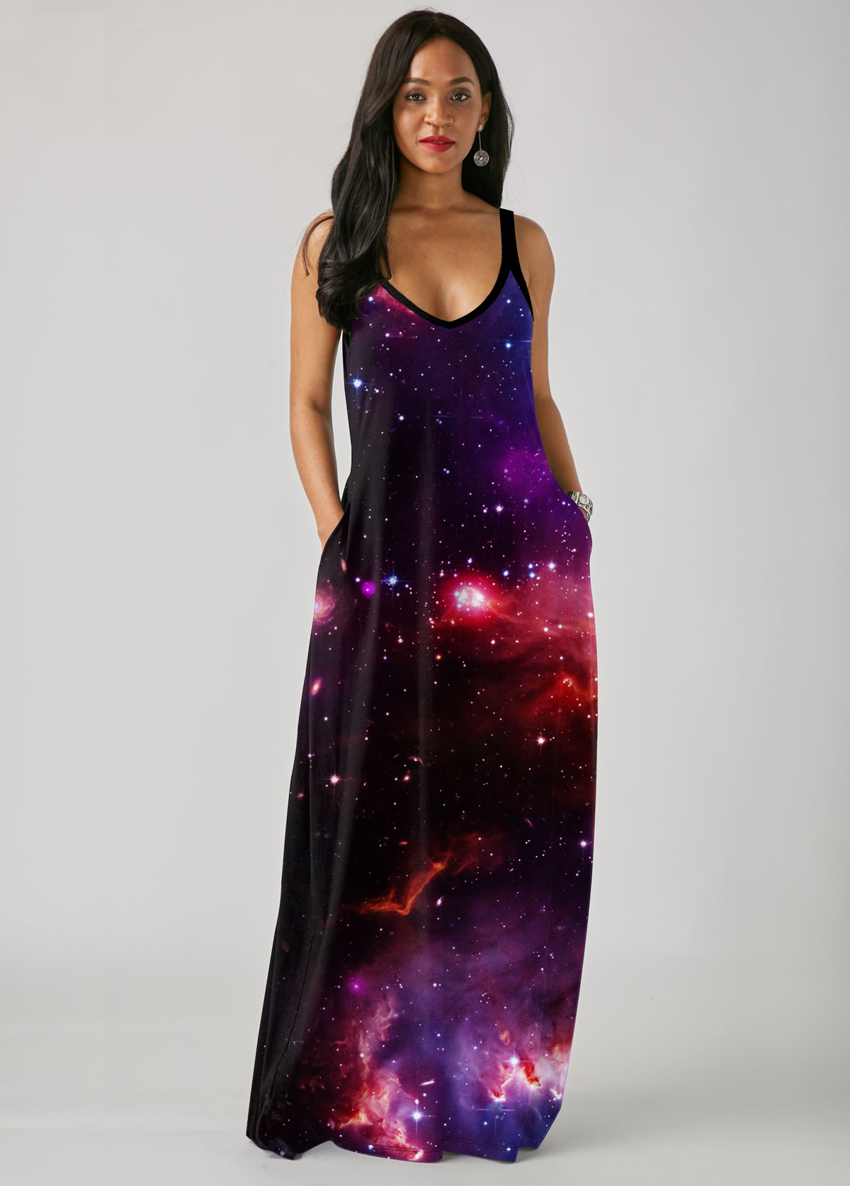 Starry Night Print Side Pocket Maxi Dress