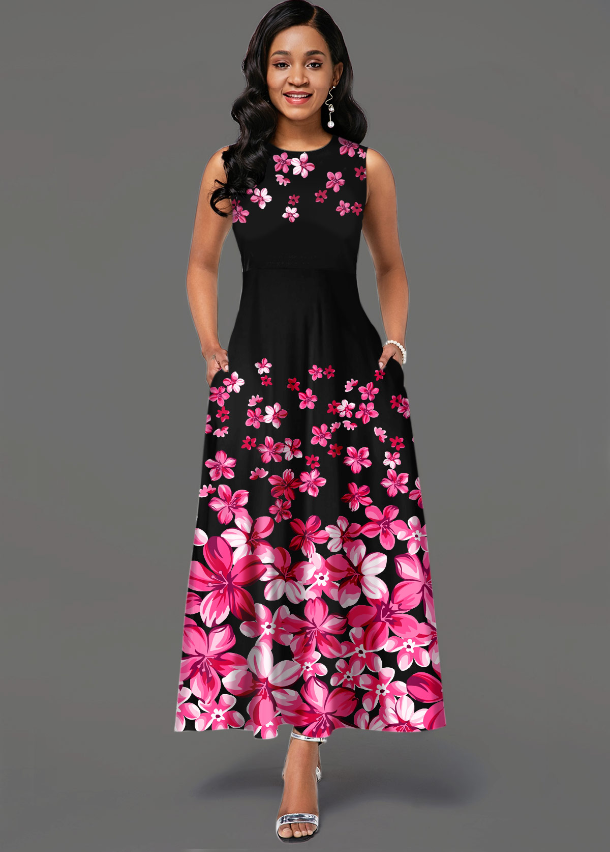 Side Pocket Sleeveless Floral Print Maxi Dress