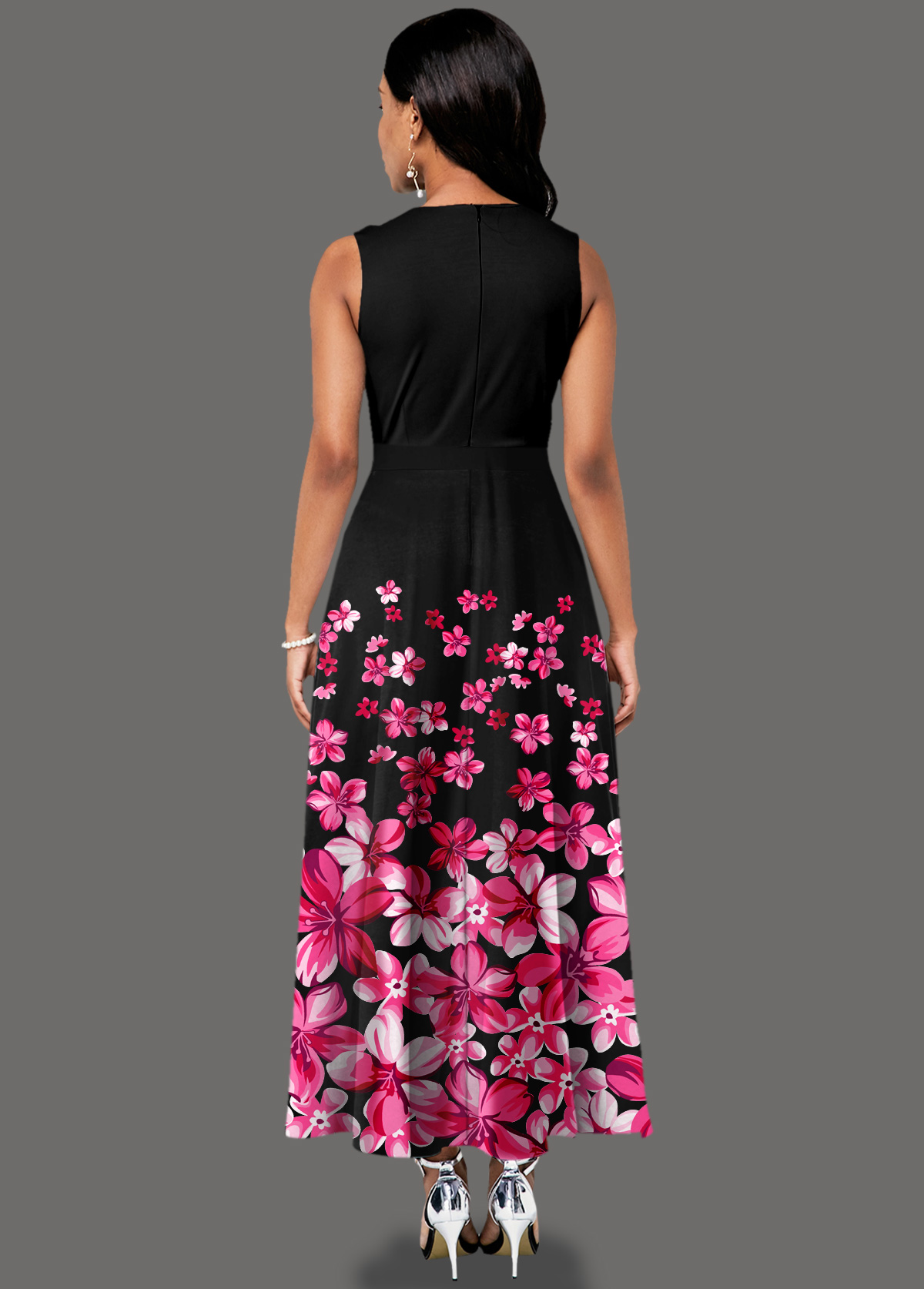 Side Pocket Sleeveless Floral Print Maxi Dress