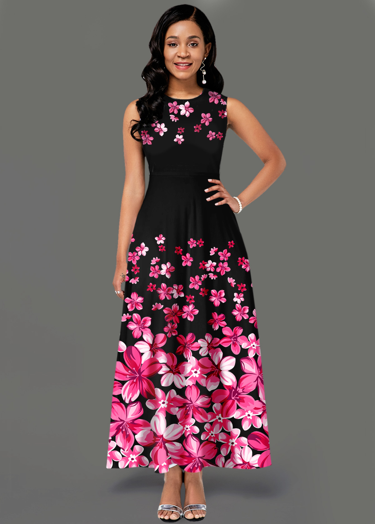 Side Pocket Sleeveless Floral Print Maxi Dress