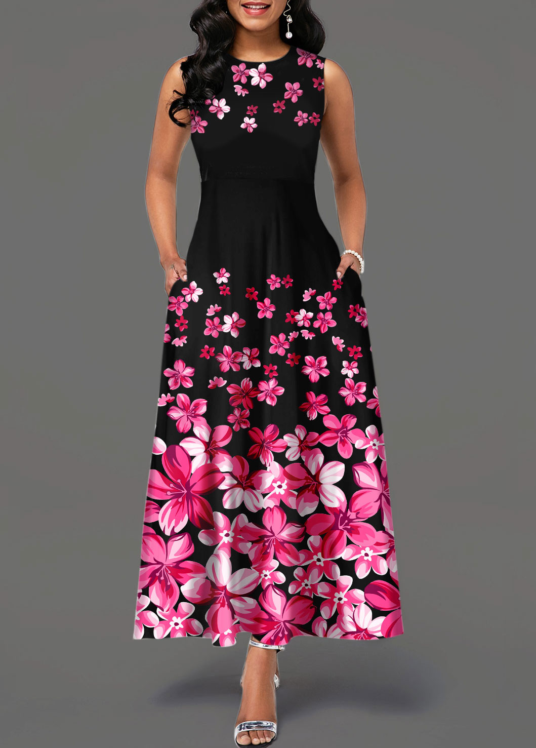 Side Pocket Sleeveless Floral Print Maxi Dress