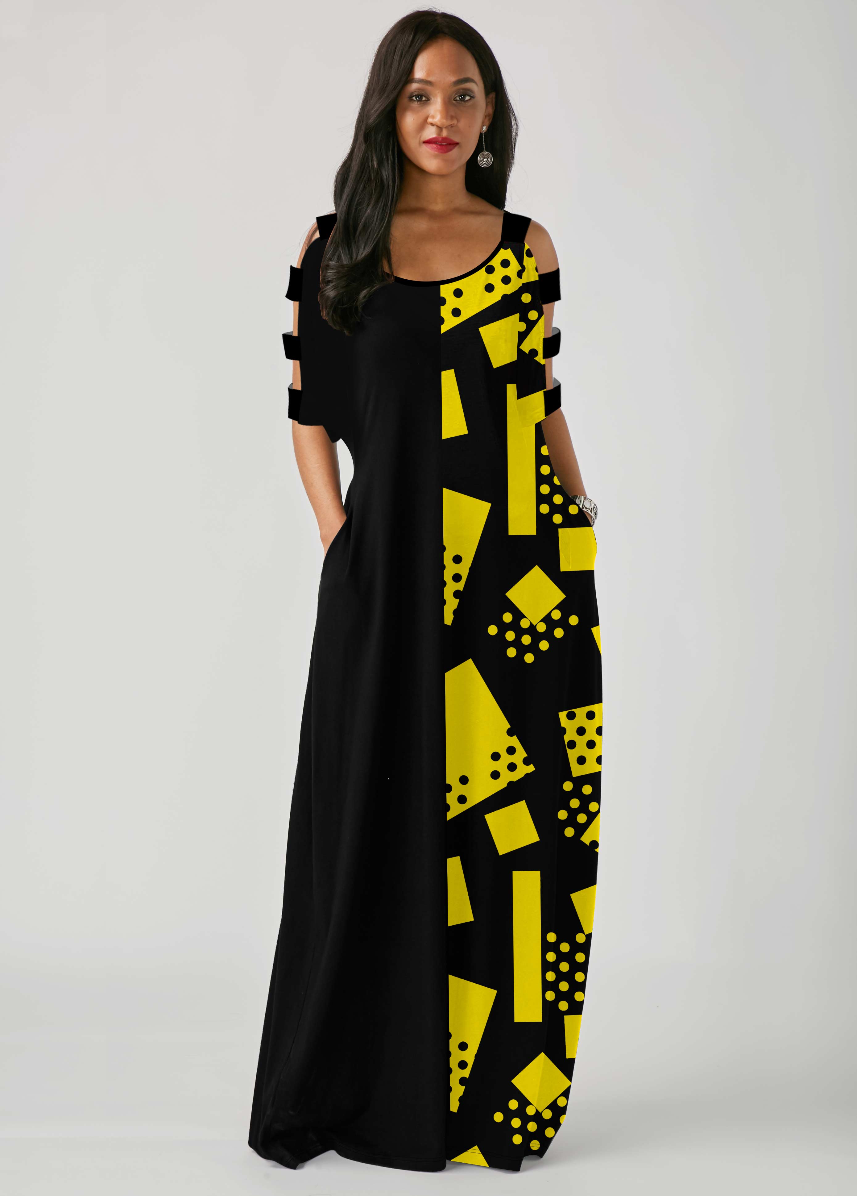 Side Pocket Geometric Print Ladder Cutout Sleeve Maxi Dress