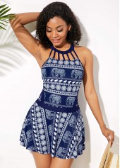 Cutout Neckline Tribal Print Swimdress and Shorts