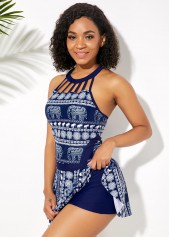 Cutout Neckline Tribal Print Swimdress and Shorts