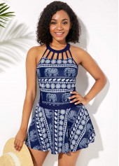 Cutout Neckline Tribal Print Swimdress and Shorts