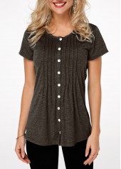 Pleated Short Sleeve Button Up T Shirt