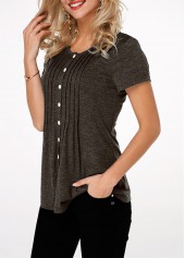 Pleated Short Sleeve Button Up T Shirt