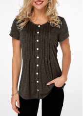 Pleated Short Sleeve Button Up T Shirt