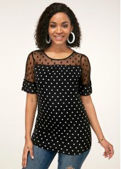 Short Sleeve Polka Dot Lace Patchwork Blouse