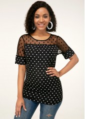 Short Sleeve Polka Dot Lace Patchwork Blouse