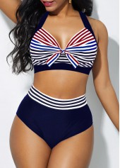 High Waist Knot Detail Stripe Print Bikini Set