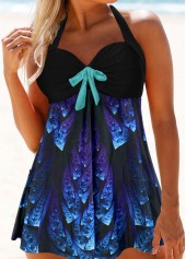 Printed Bowknot Halter Neck Embellished Swimdress and Panty
