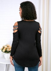 Cold Shoulder Curved Hem Pearl Embellished T Shirt