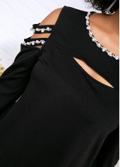 Cold Shoulder Curved Hem Pearl Embellished T Shirt