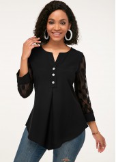 Button Detail Asymmetric Hem Lace Panel Blouse
