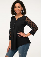 Button Detail Asymmetric Hem Lace Panel Blouse