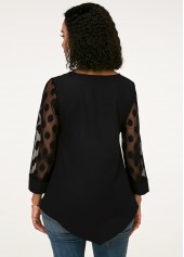 Button Detail Asymmetric Hem Lace Panel Blouse