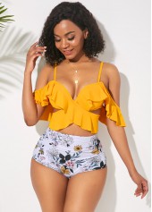 High Waist Ruffle Overlay Spaghetti Strap Bikini Set