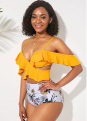 High Waist Ruffle Overlay Spaghetti Strap Bikini Set