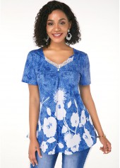 Printed Lace Trim Short Sleeve T Shirt