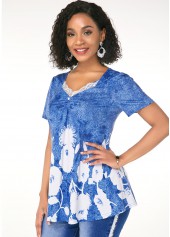 Printed Lace Trim Short Sleeve T Shirt