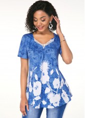 Printed Lace Trim Short Sleeve T Shirt