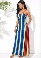Spaghetti Strap Side Pocket Multi Stripe Maxi Dress