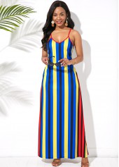 Spaghetti Strap Side Pocket Multi Stripe Maxi Dress