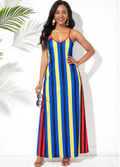 Spaghetti Strap Side Pocket Multi Stripe Maxi Dress