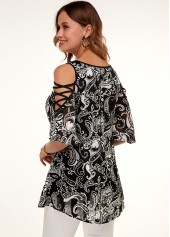 A Line Cold Shoulder Printed Flare Sleeve T Shirt