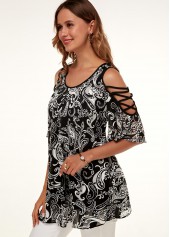 A Line Cold Shoulder Printed Flare Sleeve T Shirt