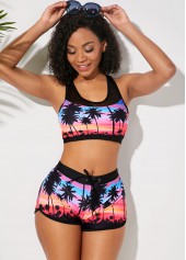 High Waist Mesh Panel Printed Purple Bikini Set