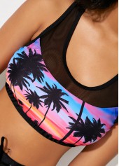 High Waist Mesh Panel Printed Purple Bikini Set