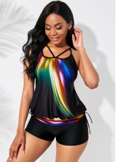 Printed Spaghetti Strap Black Tankini Set