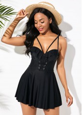 Ruffle Hem Black Lace Up Swimdress and Shorts