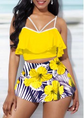 High Waisted Floral Print Ruffle Overlay Bikini Set