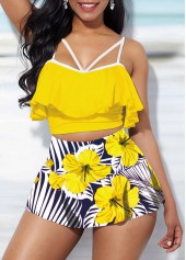 High Waisted Floral Print Ruffle Overlay Bikini Set