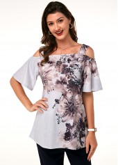 Printed Strappy Cold Shoulder T Shirt